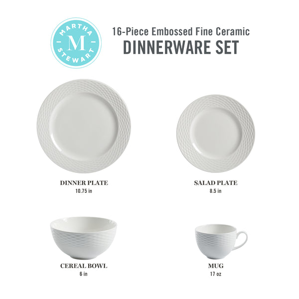 Gibson Home Martha Stewart Maepoole Porcelain Embossed 16-Piece Dinnerware Set