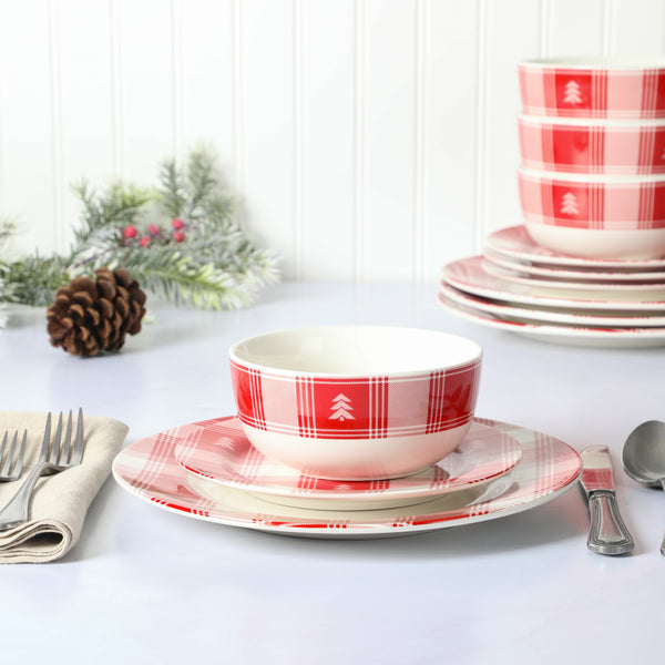 Gibson Home Martha Stewart Plaid 12-Piece Decorated Red And White Stoneware Dinnerware Set