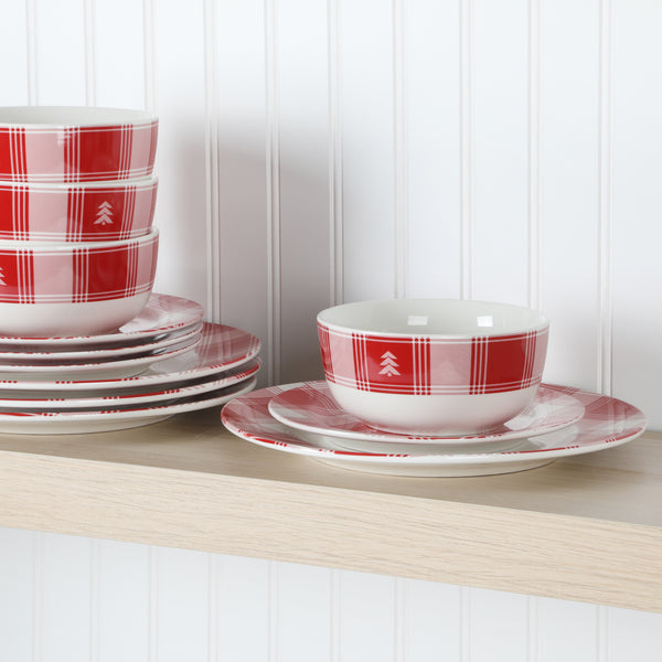 Gibson Home Martha Stewart Plaid 12-Piece Decorated Red And White Stoneware Dinnerware Set