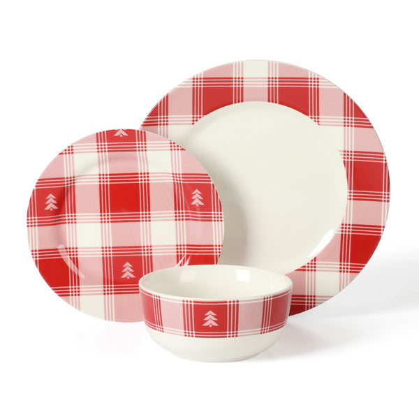 Gibson Home Martha Stewart Plaid 12-Piece Decorated Red And White Stoneware Dinnerware Set