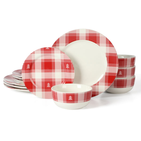 gibson home Martha Stewart Plaid 12-Piece Decorated Red and White Stoneware Dinnerware Set