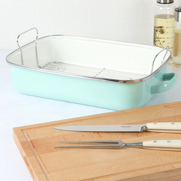 Gibson Home Martha Stewart Thayer Enamel On Steel 16" Roaster Pan W/ Stainless Steel Rack