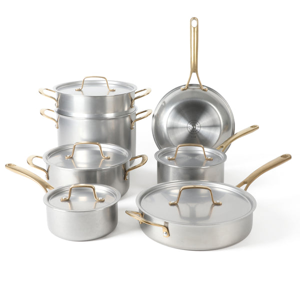 gibson home Martha Stewart Vintage 18/8 Tri-ply Stainless Steel 12-Piece Cookware Set w/ Gold Handles