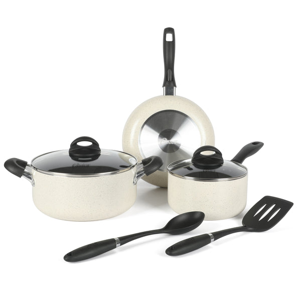 gibson home Oster Clairborne 7-Piece Aluminum Premium Nonstick Pots and Pans Cookware Set w/ Induction & Bakelite Stay Cool Handle - White w/ Speckle