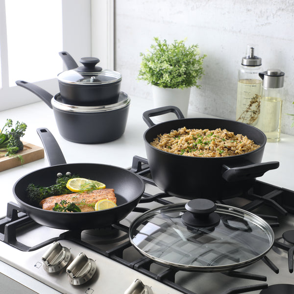 Gibson Home Oster Connelly 7-Piece Aluminum Premium Nonstick Pots And Pans Cookware Set W/ Induction & Bakelite Stay Cool Handle - Black