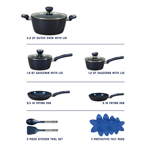 Gibson Home Oster Hawke 14 Piece Aluminum Premium PFA Free Ceramic Nonstick Blue Saphirre Pots And Pans Cookware Set W/ Induction Base