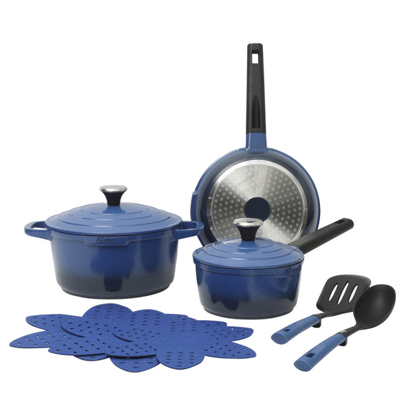 gibson home Oster Platinum Amberton 10 Piece Cast Aluminum Pots and Pans PFA Free Ceramic Non stick Cookware Set - Blue