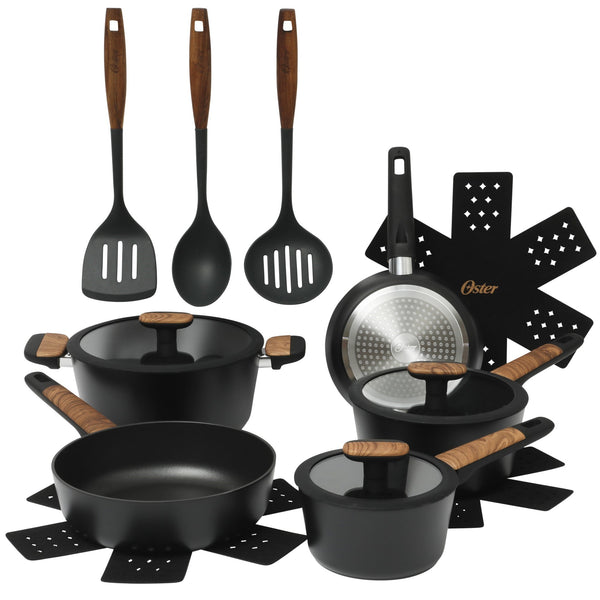 gibson home Oster Platinum Oxburg 14 Piece Forged Aluminum PFA Free Non-toxic Premium Ceramic Non Stick Interior Cookware & Kitchen Tools Set - Black W. Wood Handles