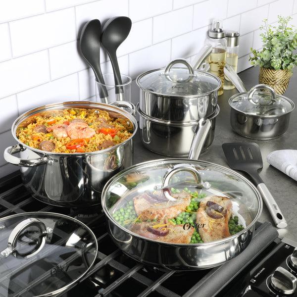 Gibson Home Oster Sangerfield 12-Piece Stainless Steel Cookware Set W/ Kitchen Tools