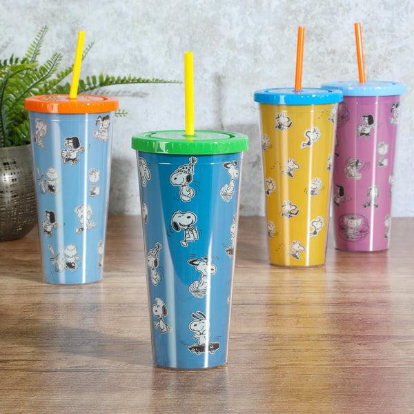 Gibson Home Peanuts 70th Anniversary 23.6oz Double Wall Acrylic Tumbler Set W/ Lids And Straws