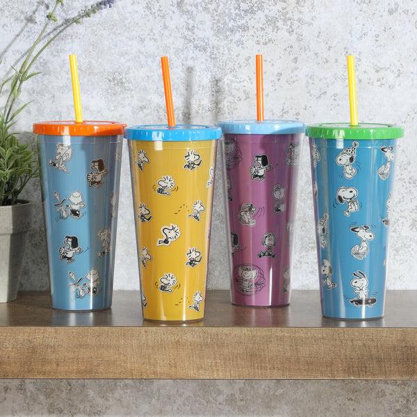 Gibson Home Peanuts 70th Anniversary 23.6oz Double Wall Acrylic Tumbler Set W/ Lids And Straws