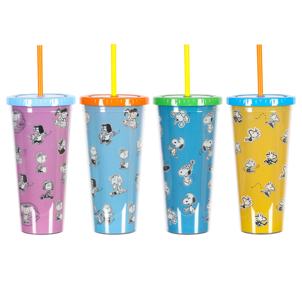 gibson home Peanuts 70th Anniversary 23.6oz Double Wall Acrylic Tumbler Set w/ Lids and Straws