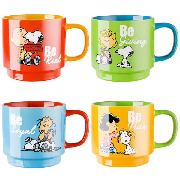 gibson home Peanuts Gentle Reminders 4-Pack 15oz Stoneware Stackable Mugs w/ Metal Rack