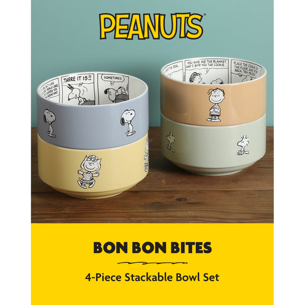Gibson Home Peanuts Snoopy Bonbon Bites 4 Piece 5.5" Decorated Stoneware Ceramic Stackable Bowl Set