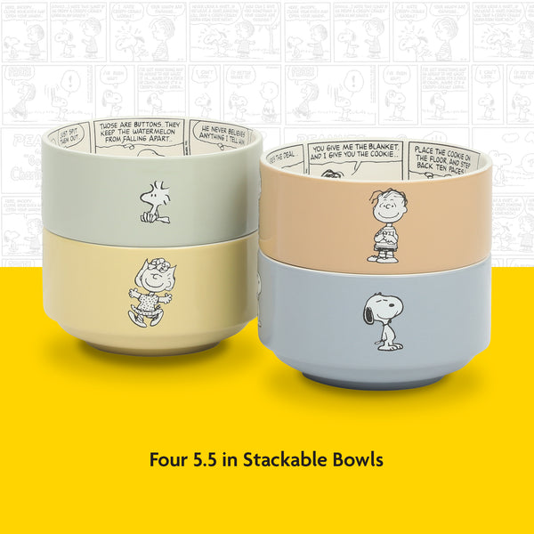 Gibson Home Peanuts Snoopy Bonbon Bites 4 Piece 5.5" Decorated Stoneware Ceramic Stackable Bowl Set