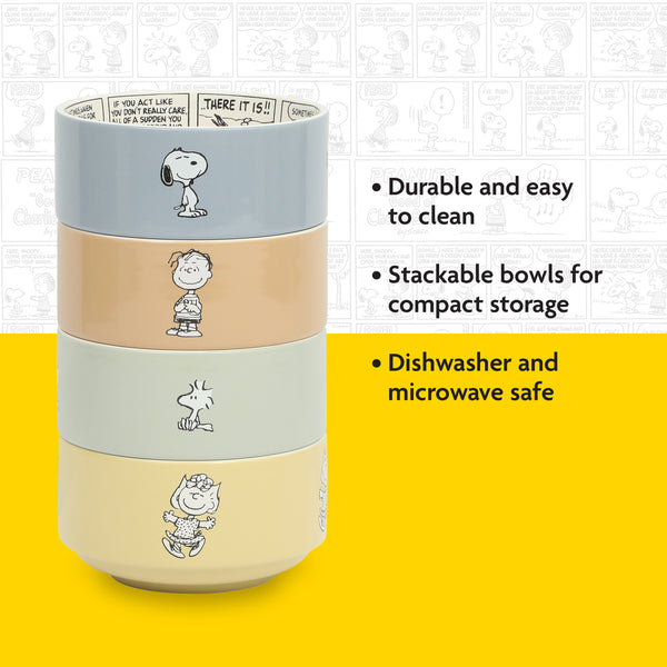 Gibson Home Peanuts Snoopy Bonbon Bites 4 Piece 5.5" Decorated Stoneware Ceramic Stackable Bowl Set