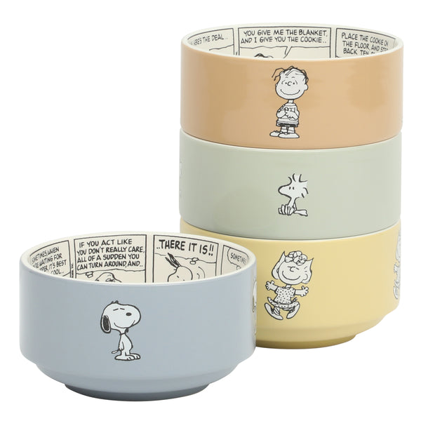 gibson home Peanuts Snoopy Bonbon Bites 4 Piece 5.5" Decorated Stoneware Ceramic Stackable Bowl Set