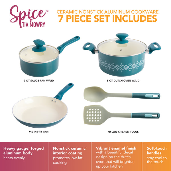Gibson Home Spice By Tia Mowry Savory Saffron 7-Piece Aluminum Cookware Set W/ Healthy Non-Stick Ceramic Interior