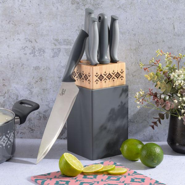 Gibson Home Spice By Tia Mowry Savory Saffron 7-Piece Stainless Steel Cutlery Set W/ Rubberwood Block