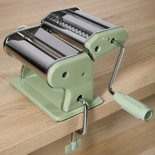 Gibson Home Sur La Table Kitchen Essential Va Bene Manual Pasta Maker Machine Noodle Maker With Rollers And Cutters Perfect For Spaghetti Fettuccini Lasagna Or Dumpling Skin Silver Stainless Steel/Juniper Green