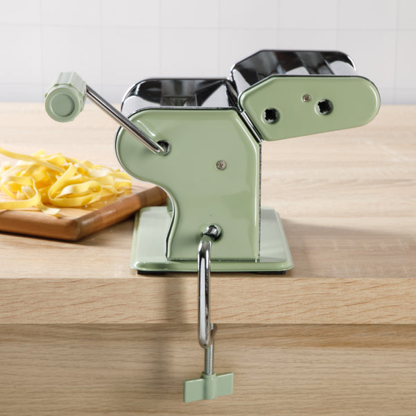 Gibson Home Sur La Table Kitchen Essential Va Bene Manual Pasta Maker Machine Noodle Maker With Rollers And Cutters Perfect For Spaghetti Fettuccini Lasagna Or Dumpling Skin Silver Stainless Steel/Juniper Green