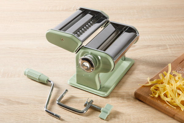 Gibson Home Sur La Table Kitchen Essential Va Bene Manual Pasta Maker Machine Noodle Maker With Rollers And Cutters Perfect For Spaghetti Fettuccini Lasagna Or Dumpling Skin Silver Stainless Steel/Juniper Green
