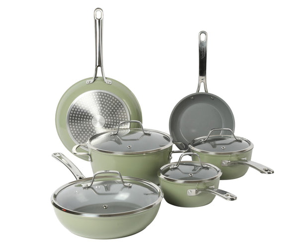 gibson home Sur La Table Kitchen Essentials 10-Piece PFA Free Titanium Ceramic Nonstick Interior Forged Aluminum Cookware Pots and Pans Set - Induction Compatible