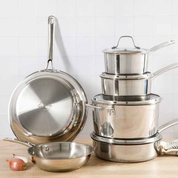 Gibson Home Sur La Table Kitchen Essentials 10 Piece Stainless Steel Non Toxic Pots And Pans Kitchen Cookware Set W/ Triply Encapsulated Base - Induction Safe