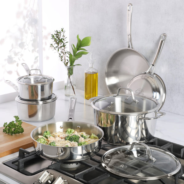 Gibson Home Sur La Table Kitchen Essentials 10 Piece Stainless Steel Non Toxic Pots And Pans Kitchen Cookware Set W/ Triply Encapsulated Base - Induction Safe
