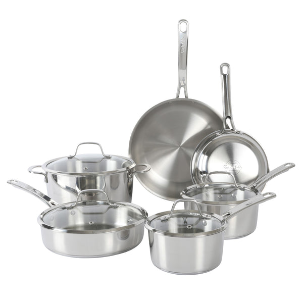 gibson home Sur La Table Kitchen Essentials 10 Piece Stainless Steel Non Toxic Pots and Pans Kitchen Cookware Set W/ Triply Encapsulated Base - Induction Safe