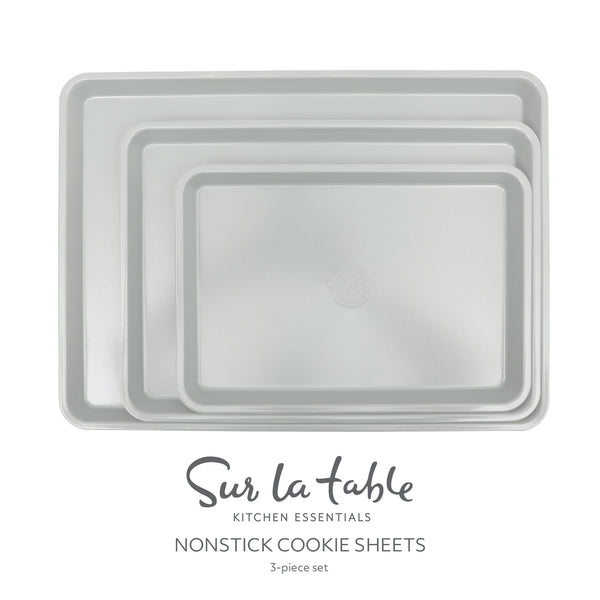 Gibson Home Sur La Table Kitchen Essentials Bake Sale 3-Piece Cookie Sheet Set – Nonstick Carbon Steel Baking Pans (13 15 18 Inch) – Grey Easy-Clean Oven Trays For Cookies Roasting & More