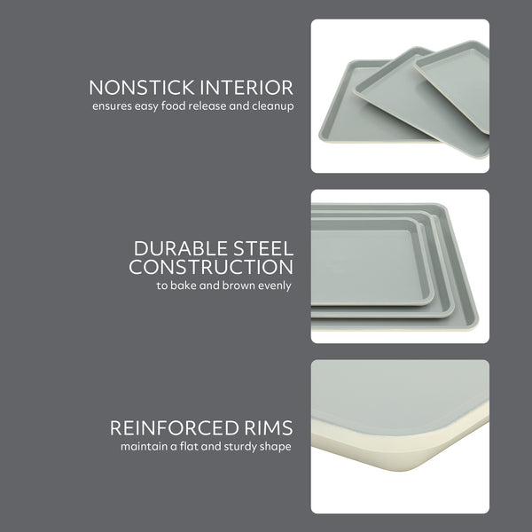 Gibson Home Sur La Table Kitchen Essentials Bake Sale 3-Piece Cookie Sheet Set – Nonstick Carbon Steel Baking Pans (13 15 18 Inch) – Grey Easy-Clean Oven Trays For Cookies Roasting & More