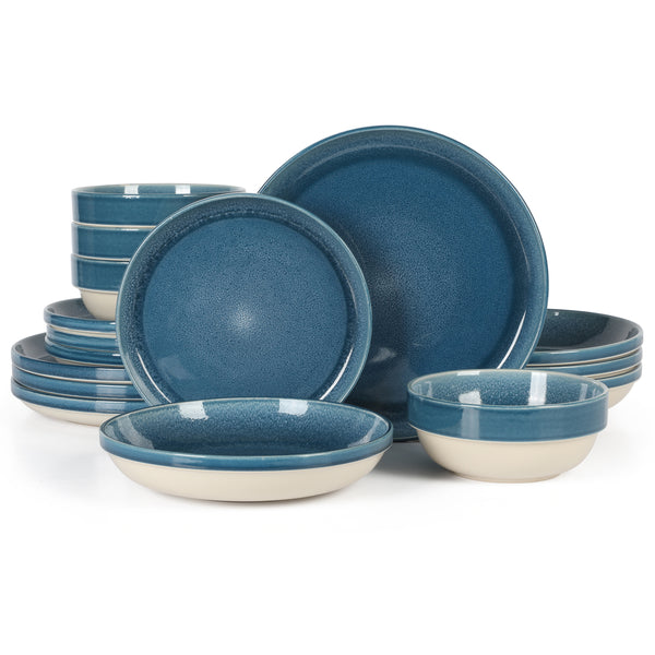 gibson home Sur La Table Kitchen Essentials Banquette 16 Piece Double Bowl Plates and Bowls Reactive Glaze Stoneware Dinnerware Set