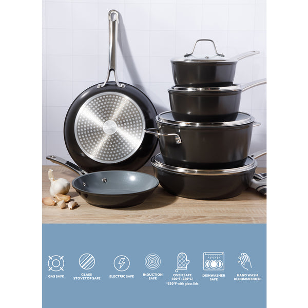 Gibson Home Sur La Table Kitchen Essentials Cool Commune Hard Anodized 10 Piece PFA Free Ceramic Non Stick Interior Forged Durable Aluminum Pots And Pans Cookware Set