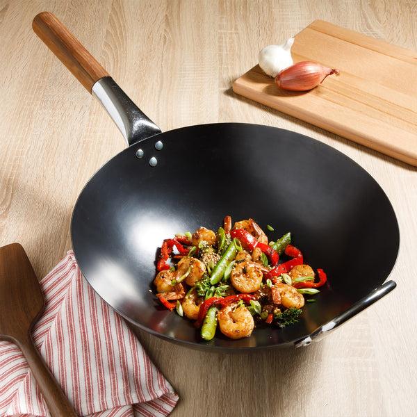 Gibson Home Sur La Table Kitchen Essentials Quick Fire Carbon Steel 13.5" Flat Bottom Wok