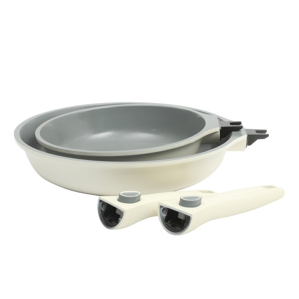 gibson home Sur La Table Kitchen Essentias Craft Studio Cast Aluminum Detachable Handle 8 and 10 Inch Fry Pan Set With PFA Free Premium Ceramic Non Stick Removable Handle Skillet Set - Induction Safe -Eggshell White