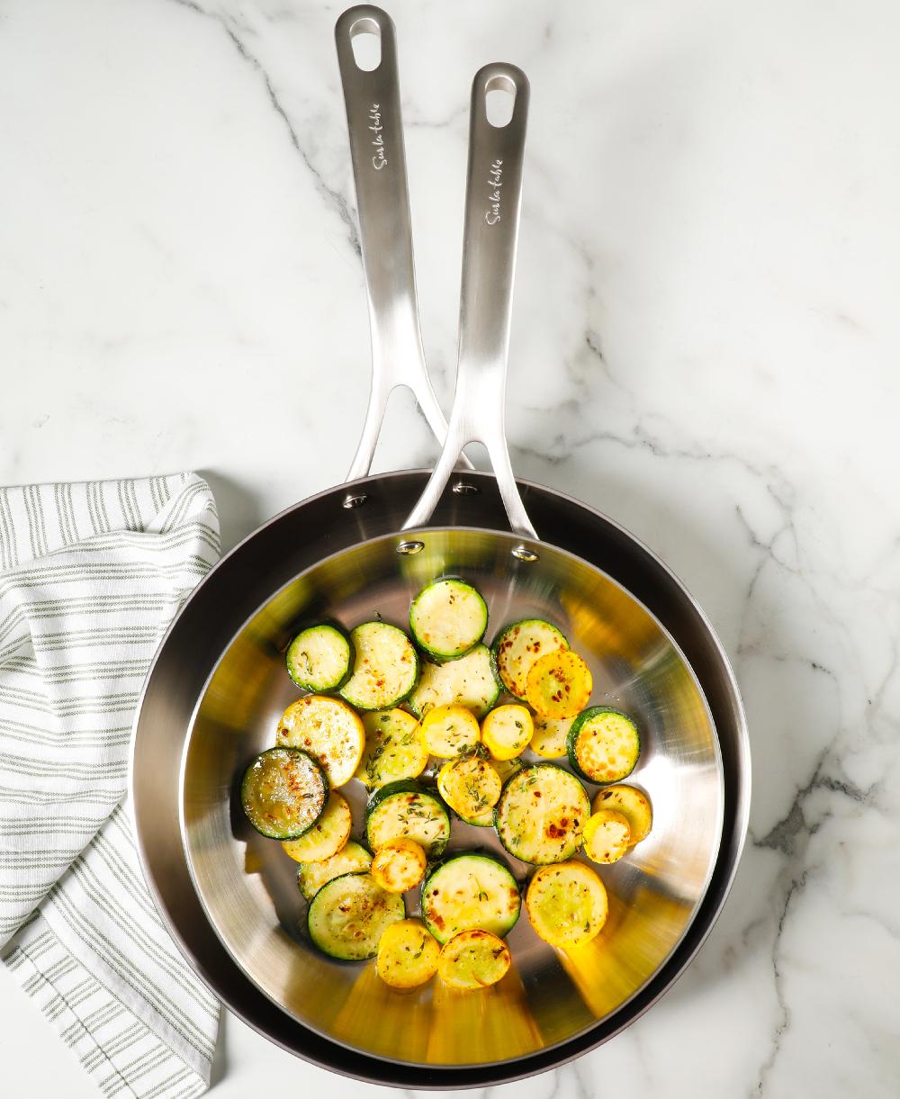 Gibson Home Sur La Table Pike And Pine 2-Piece 10 & 12 Inch Triply Stainless Steel Fry Pan Set W/ Stainless Steel Lids And Cast Handles