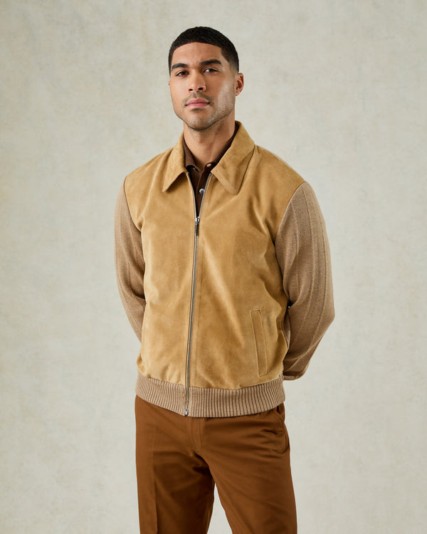 gieves & hawkes Alexander Knit and Suede Bomber Jacket Camel