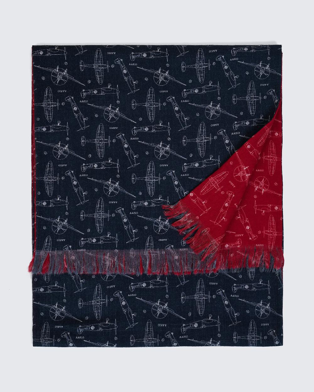 Gieves & Hawkes Clavell Navy & Red Plane Woolen Blueprint Scarf