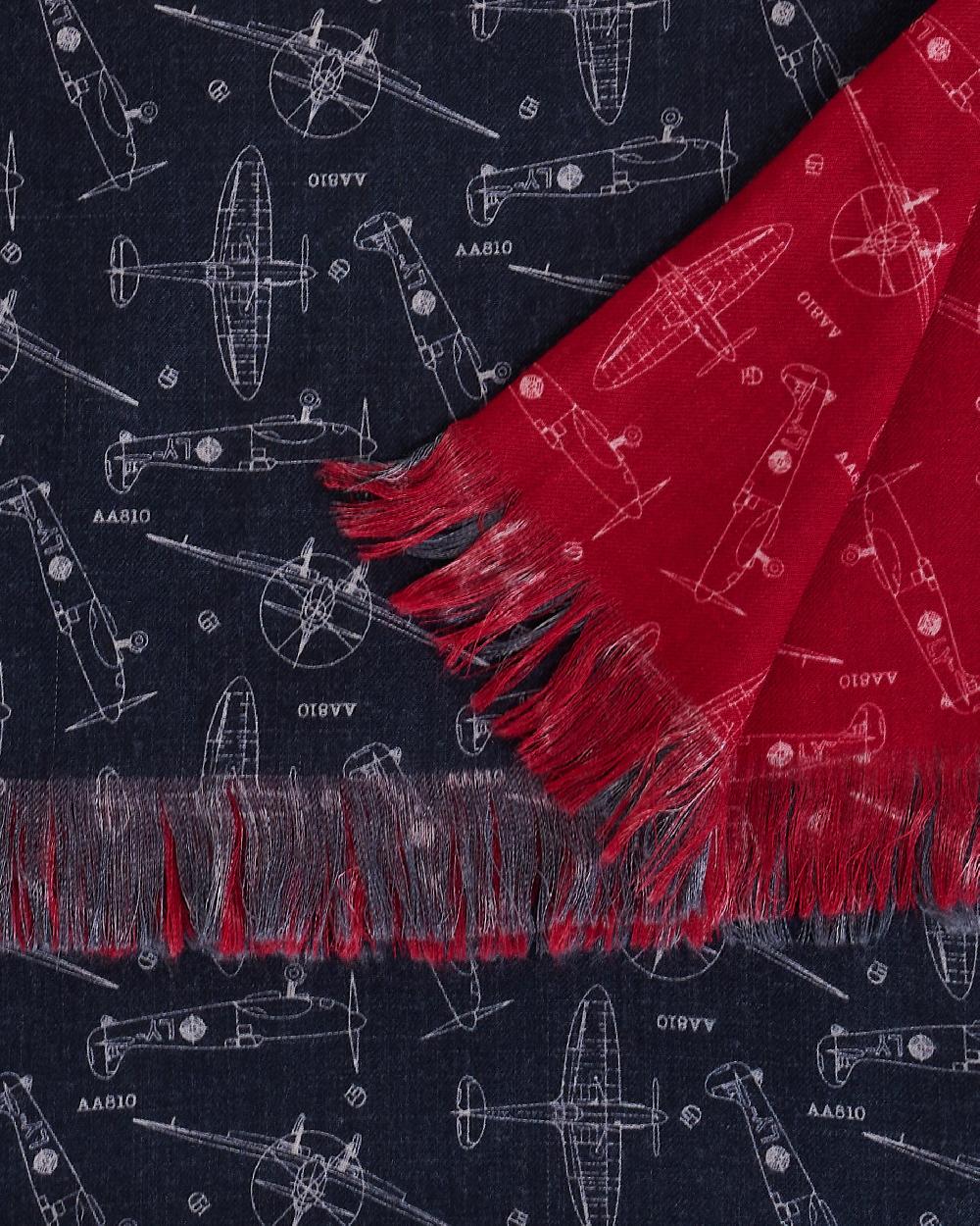 Gieves & Hawkes Clavell Navy & Red Plane Woolen Blueprint Scarf