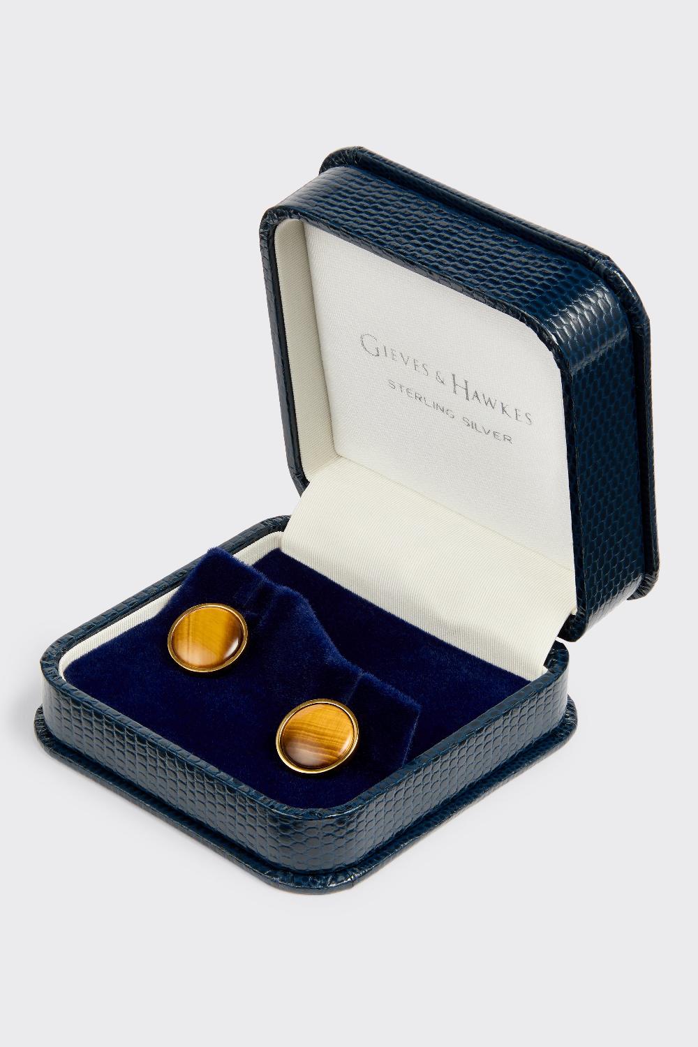 Gieves & Hawkes Clint Sterling Silver Cufflinks Tigerseye Med. Brown