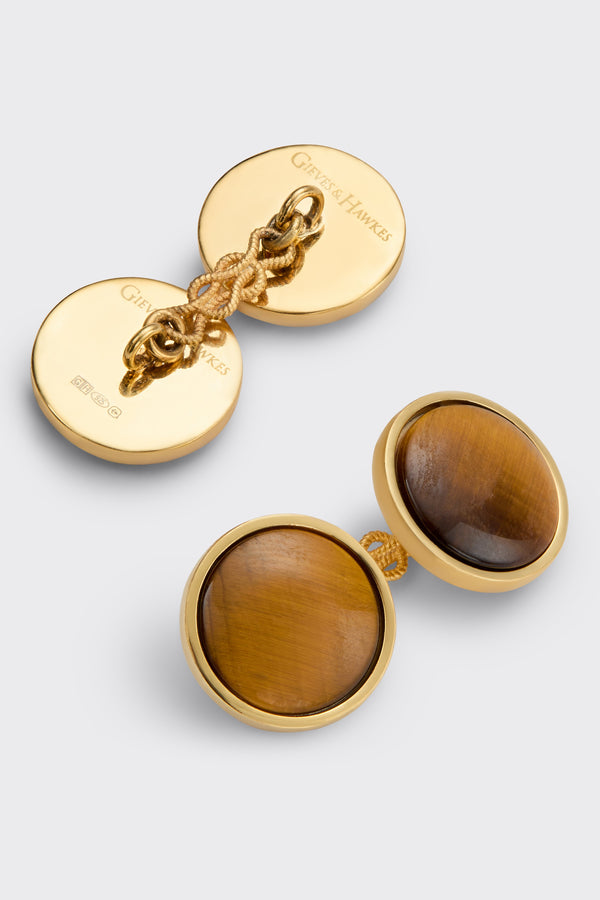 gieves & hawkes Clint Sterling Silver Cufflinks Tigerseye Med. Brown