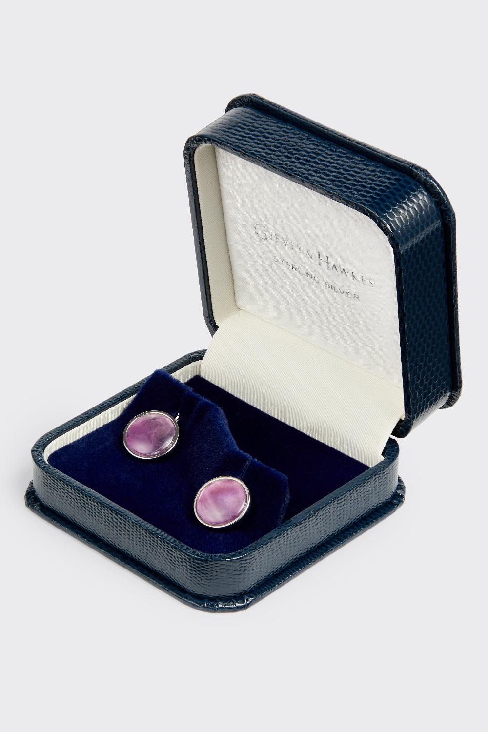 Gieves & Hawkes Clint Sterling Silver Reversible Cufflinks Grey/ Purple Mother Of Pearl & Amethyst