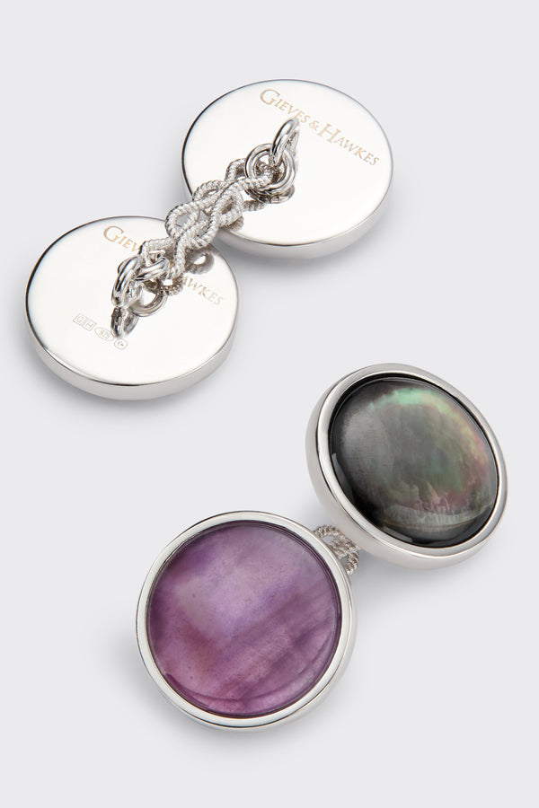 gieves & hawkes Clint Sterling Silver Reversible Cufflinks Grey/ Purple Mother of Pearl & Amethyst