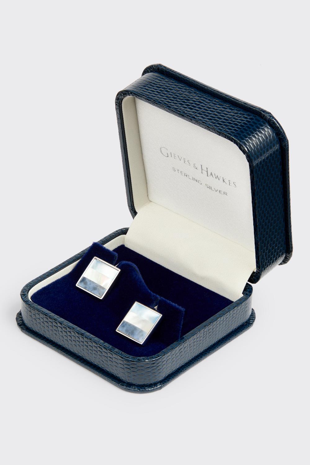 Gieves & Hawkes Clint Sterling Silver Square Cufflinks Blue Mother Of Pearl