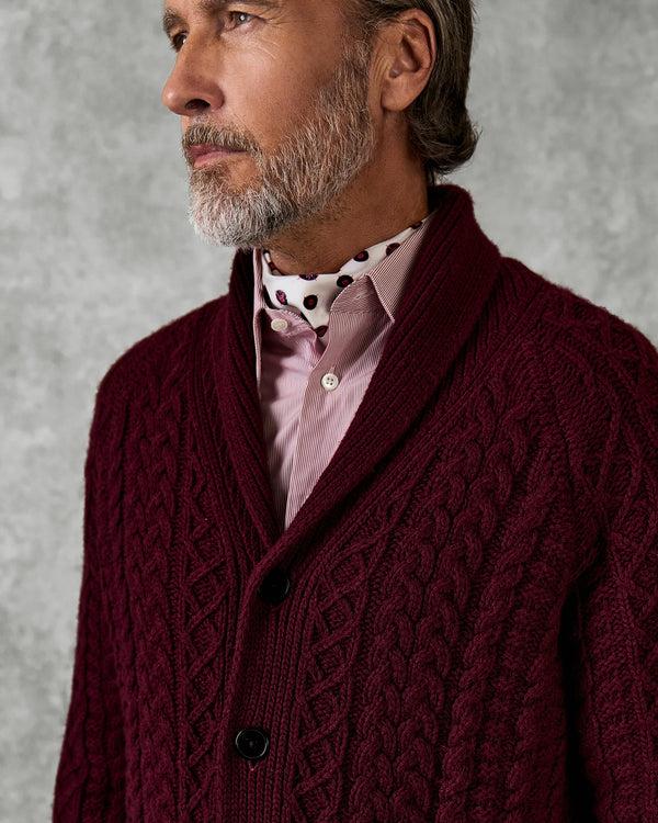 Gieves & Hawkes Crompton Cable Knit Cardigan Burgundy