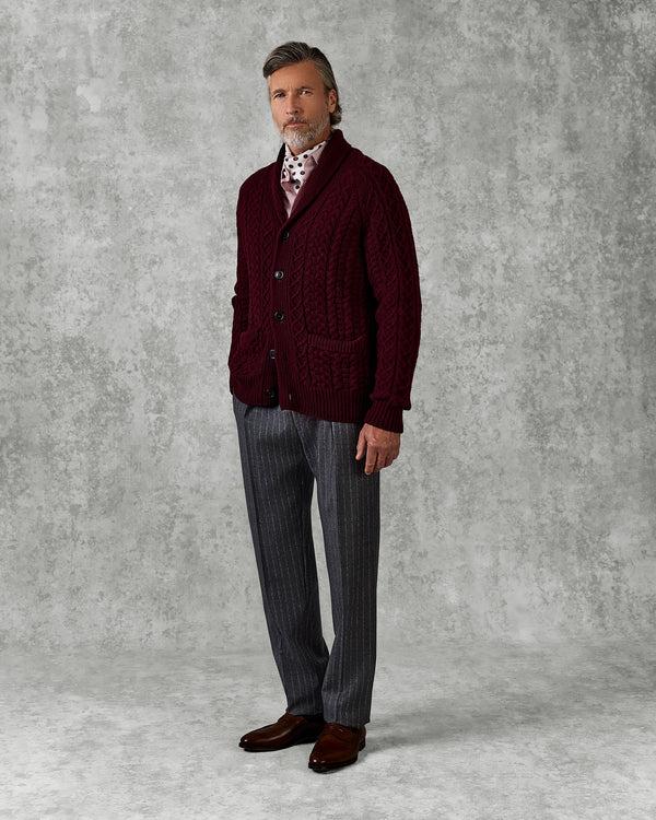 Gieves & Hawkes Crompton Cable Knit Cardigan Burgundy