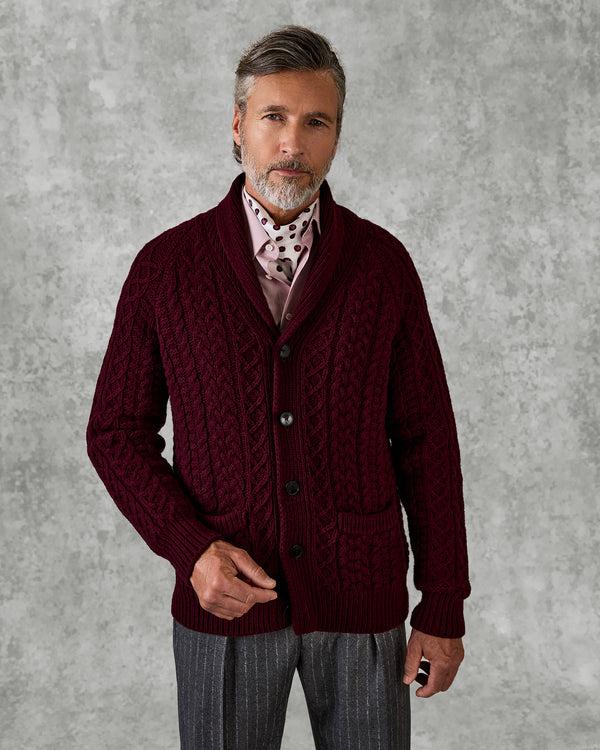gieves & hawkes Crompton Cable Knit Cardigan Burgundy