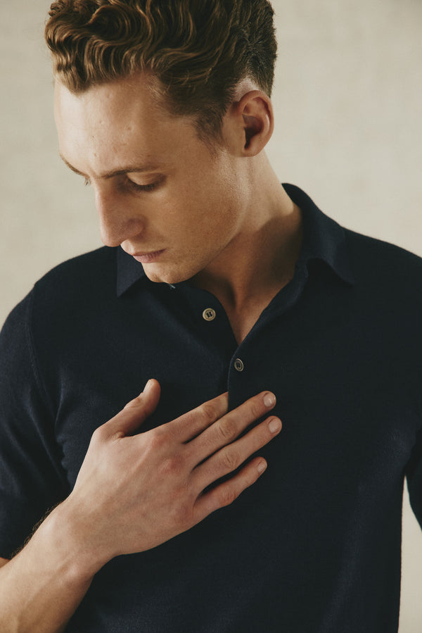Gieves & Hawkes Dicken Short Sleeve Merino Wool Silk & Cashmere Polo Knit Navy