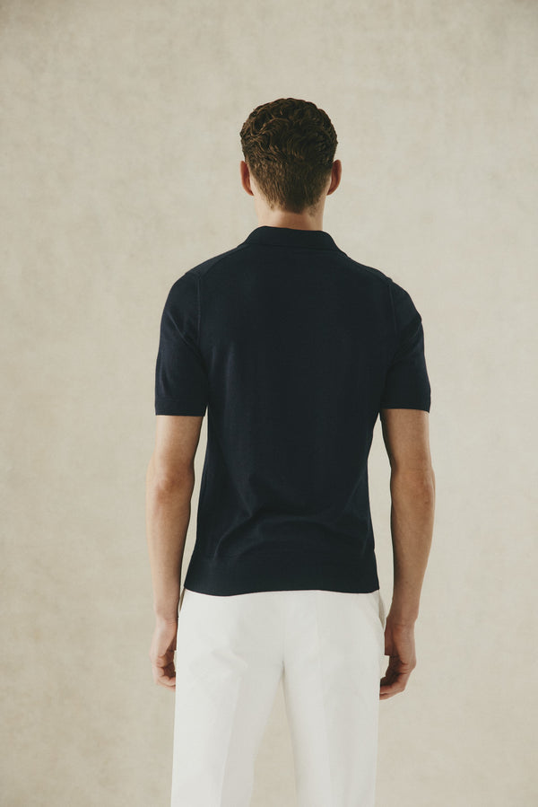 Gieves & Hawkes Dicken Short Sleeve Merino Wool Silk & Cashmere Polo Knit Navy